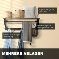 HOMCOM Wandregal Garderobenregal mit Haken 66 x 30 x 27cm Stahl+Holz Braun+Schwarz(m-4)