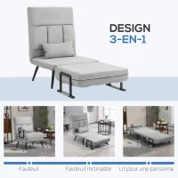 HOMCOM Fauteuil convertible 3 en 1 lit 1 place dossier inclinable 5 positions, accoudoirs et coussin, tissu effet velours, gris(m-4)