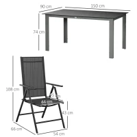 Outsunny Conjunto de Muebles de Jardín de Aluminio 7 Piezas con 6 Sillas Plegables y Reclinables Mesa de Vidrio Templado Negro(m-3)