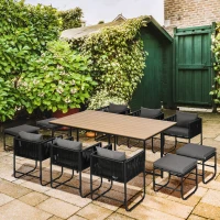 Outsunny 10 Seater Rattan Cube Garden Furniture Set, Rattan Dining Set with Cushions, Outdoor Dining Table and Chairs with 6 Armchairs, 4 Stools, Rectangular Wood Grain Plastic Top Table, Black(m-10)