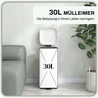 HOMCOM Mülleimer 30L, Soft-Close-Deckel, Fingerabdrucksicher, Fußpedal, Metall/Kunststoff, 28x35x63,5 cm, Weiß(m-4)