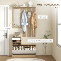 HOMCOM Recibidor de Entrada con Espejo Perchero y Zapatero Mueble de Recibidor de 2 Piezas con Ganchos Estantes Cajón Natural(m-4)