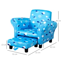 HOMCOM Toddler Chair Children's Armchairs Wood Frame w/ Footrest Anti-Slip Legs High Back Arms for Bedroom Playroom Cute Cloud Star Blue(m-3)