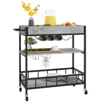 HOMCOM 3-Tier Kitchen Cart, Kitchen Island with Storage Shelves, Removable Tray, Wine Racks, Glass Holders, Faux Marbled Grey(m-1)