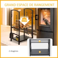 Outsunny Porte bûches - Range bûches Serviteur de cheminée - Multi Accessoires 2 étagères 40L x 30l x 75H cm métal Noir(m-4)
