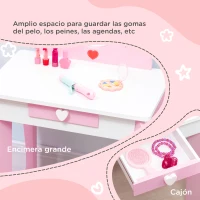 ZONEKIZ Tocador de Madera Infantil con Taburete y Espejo Centro de Belleza con 1 Cajón para 3-6 Años 50x36,5x89,5cm Rosa(m-5)