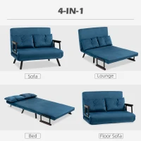HOMCOM 4-in-1 Velvet-Feel Double Sofa Bed, with Pillows - Blue(m-4)