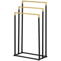 kleankin Porte-serviettes en bambou et acier sur pieds avec 3 barres support pour serviette 45 x 22,5 x 86 cm noir et naturel(m-11)