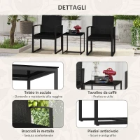 Outsunny Set da Giardino 3 Pezzi con 2 Sedie con Cuscini e Tavolino con Piano in Vetro, Effetto Rattan Nero(m-6)
