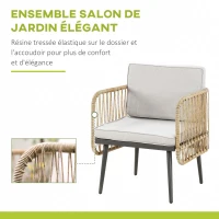 Outsunny Ensemble salon de jardin 4 pièces canapé 2 places + 2 fauteuils + 1 table basse plateau verre trempé 8 coussins - métal et résine tressée - beige(m-4)
