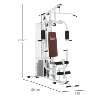 HOMCOM Station de musculation entrainement complet développé couché butterfly barre latissimus curler bande résistance 10 contrepoids 45 kg avec filet de protection acier blanc et marron(m-3)