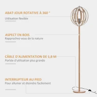 HOMCOM Lampadaire sur Pied Circulaire 40 W Max. Abat-Jour bois naturel clair dim. Ø 38 x 160 cm(m-5)