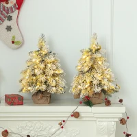 HOMCOM 1.5ft Mini Artificial Christmas Trees with Lights Set of 2, Snow Flocked Tabletop Christmas Trees with Base, Battery Operated, Desktop Party Decoration(m-2)