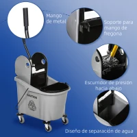 HOMCOM Cubo de Fregona con Ruedas 36L Carro de Limpieza con Escurridor de Presión y 2 Cubetas Separadas 54x41x91,5cm Gris(m-6)