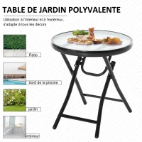 Outsunny Table basse ronde bistro de jardin Ø 45 x 50H cm pliable métal noir plateau verre trempé(m-5)