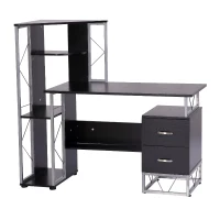 HOMCOM Bureau informatique design industriel 133L x 155l x 123H cm multi-rangements bibliothèque 3 étagères + 2 tiroirs MDF métal MDF noir(m-10)