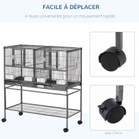 PawHut Cage à oiseaux avec séparation mangeoire et perchoir 95L x 45,5l x 102H cm Noir et Gris(m-6)