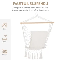 Outsunny Chaise Suspendue Chaise hamac de Voyage Portable Assise Dossier rembourrés macramé Coton Polyester Beige(m-4)