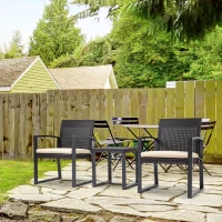 Outsunny Outdoor Garden PP Rattan Style Bistro Set, 3 PCS Patio Side Table Set w/ 2 Cushioned Single Chairs Conservatory Furniture, Brown(m-2)