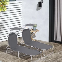 Outsunny 2 Pieces Outdoor Foldable Sun Lounger, 4 Level Adjustable Backrest Reclining Sun Lounger Chair with Angle Adjust Sun Shade Awning for Beach, Garden, Patio, Dark Grey(m-10)