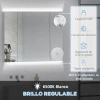 kleankin Armario de Baño con Espejo Luces LED Estantes Ajustables y USB Estilo Moderno 90x15x75 cm Blanco(m-4)