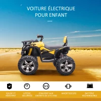 HOMCOM Quad Buggy électrique Enfant 12 V 8 Km/h Max. Voiture électrique Enfant avec Effets Lumineux sonores Selle avec Dossier Porte-Bagage Avant métal PP Jaune Noir(m-4)