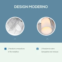 HOMCOM Lampadario a Incasso con 2 Paralumi a Mezzaluna in Metallo Argento e 2 Paralumi in Vetro Bianco, Φ35 x 25cm(m-4)