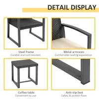 Outsunny Outdoor Garden PP Rattan Style Bistro Set, 3 PCS Patio Side Table Set w/ 2 Cushioned Single Chairs Conservatory Furniture, Brown(m-6)