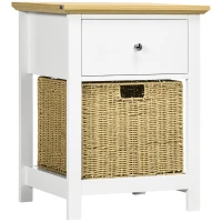HOMCOM Mesita de Noche con Cajón y Cesta de Ratán Plegable Mesa Auxiliar para Salón Dormitorio 49x39x64 cm Blanco y Natural(m-11)