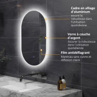 kleankin Miroir ovale mural lumineux LED salle de bain 81 x 51 cm 3 couleurs luminosité réglable interrupteur tactile transparent(m-6)