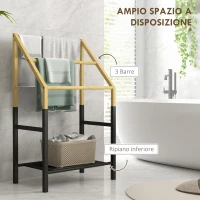 HOMCOM Portasciugamani a Terra con 3 Barre e Ripiano Inferiore, in Bambù e Acciaio, 51x31x85.5 cm, Nero e color Legno(m-4)