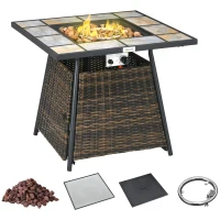 Outsunny Square Outdoor PE Rattan Fire Pit Table Gas Burner Heater w/ Control Panel, Slate Top, Lid and Lava Rocks, 50,000 BTU(m-10)