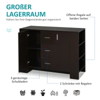 HOMCOM Sideboard, Kommode, Beistellschrank, Standschrank mit 2 Türen und 3 Schubladen, Dunkelkaffee, Spanplatte, 120 x 38 x 84 cm(m-4)