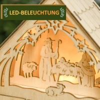 HOMCOM Adventskalender mit LED-Beleuchtung, 24 Schubladen, Krippenszene, 26,6x6x30 cm, Holzoptik(m-4)