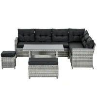 Outsunny 5-Piece Rattan Patio Furniture Set with Corner Sofa, Footstools, Glass Coffee Table, Cushions, Mixed Grey(m-12)