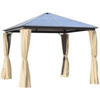 Outsunny Tonnelle pavillon de jardin avec toit rigide polycarbonate imperméable 4 parois latérales anti-UV moustiquaires 3 x 3 m marron et kaki(m-1)