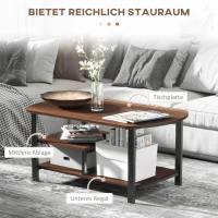 HOMCOM Couchtisch, Wohnzimmertisch Kaffeetisch mit Ablageflächen für Büro, Wohnzimmer, Schlafzimmer, industrieller Stil, E1 Spanplatte, Stahl, Braun, 100L x 60B x 46H cm(m-4)