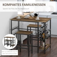 HOMCOM Bartisch-Set, Stehtisch mit 2 Barhockern, 3-teiliges Tischset Küchentresen mit Flaschenhalterung Spanplatte, Stahl, Natur+Schwarz, 108 x 60x 95H cm(m-7)