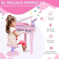 HOMCOM Piano Infantil 37 Teclas Teclado Electrónico Piano para Niños con Micrófono Taburete Luces y 22 Canciones USB/MP3 Karaoke Modo de Enseñanza Rosa(m-4)