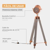 HOMCOM Lámpara de Pie con Trípode de Madera Casquillo E14 Máx. 25W IP20 Altura Ajustable Interruptor de Pie Lámpara de Suelo para Salón Dormitorio Oficina 65x65x100-140 cm Oro Rosa(m-7)