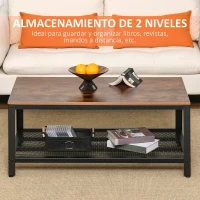 HOMCOM Mesa de Centro Mesa Baja Industrial con Estante de Rejilla y Patas de Metal para Salón 106x60x45 cm Marrón y Negro(m-6)