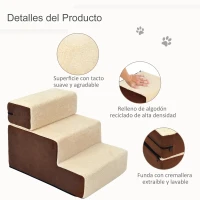 PawHut Escalera para Mascotas Perros Gatos de 3 Peldaños Desmontable y Funda Extraíble Portátil Carga 15 kg 54x40x39 cm Marrón y Beige(m-6)
