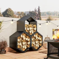Outsunny Fireplace Log Rack, Steel Firewood Log Holder, 3 Hexagon Boxes, Indoor Outdoor Wood Storage Shelf, 113 x 37 x 113cm, Black(m-2)