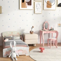 ZONEKIZ Toddler Bed Frame, Kids Dressing Table with Mirror and Stool, Cute Animal Design Kids Bedroom Furniture Set for Ages 3-6 Years, Pink(m-10)