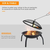 Outsunny brasero cheminée foyer extérieur 71L x 71l x 40H cm pieds rétractables grille à charbon couvercle tisonnier métal noir(m-4)