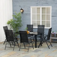 Outsunny Conjunto de Muebles de Jardín de Aluminio 7 Piezas con 6 Sillas Plegables y Reclinables Mesa de Vidrio Templado Negro(m-2)
