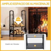 Outsunny Estante de Leña para chimenea 40x30x74,5 cm Soporte para Leña de 2 Niveles Leñero Exterior e Interior Metálico con 4 Herramientas para Chimenea Carga Máx.100 kg Negro(m-4)