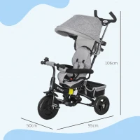 HOMCOM Triciclo Evolutivo para Niños +12 Meses con Toldo Plegable Mango de Empuje Telescópico y Cinturón de Seguridad Gris(m-3)