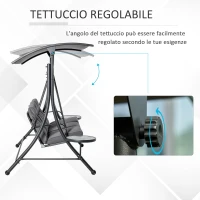 Outsunny Dondolo da Giardino a 3 Posti , Dondolo da Esterno con Tettuccio Regolabile e 2 Tavolini, Grigio 271x125x177cm(m-5)