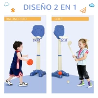 HOMCOM Canasta de Baloncesto 2 en 1 Canasta de Baloncesto Infantil con Aro Ajustable en Altura de 83-120 cm Pelotas y Palo de Golf 46x41x116-153 cm Azul y Blanco(m-4)